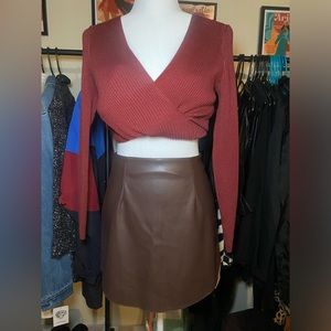 ASOS brown faux leather mini skirt.